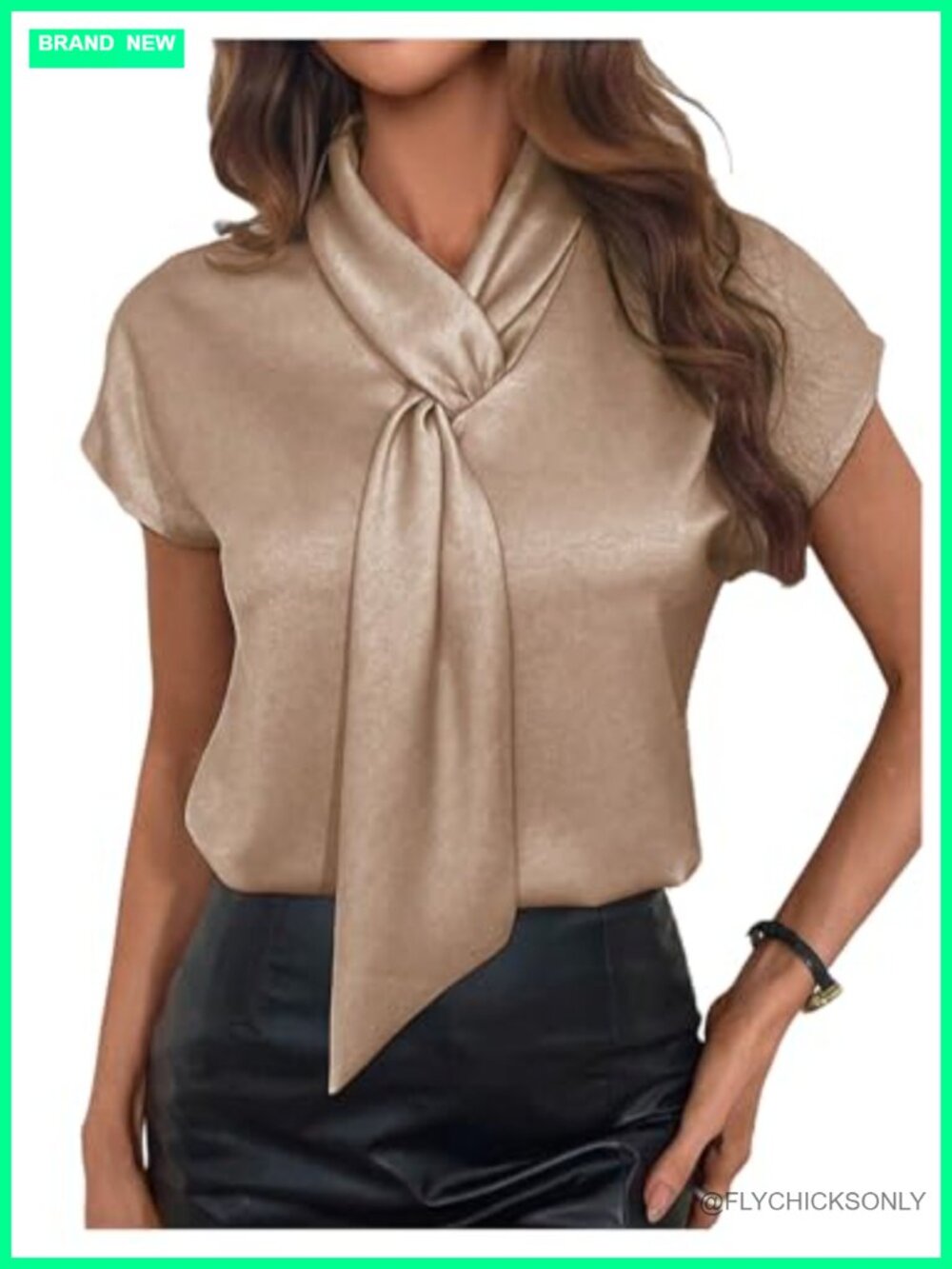 Floerns Women's Metallic Satin Blouse Tie Neck Dolman Cap Sleeve Office Top